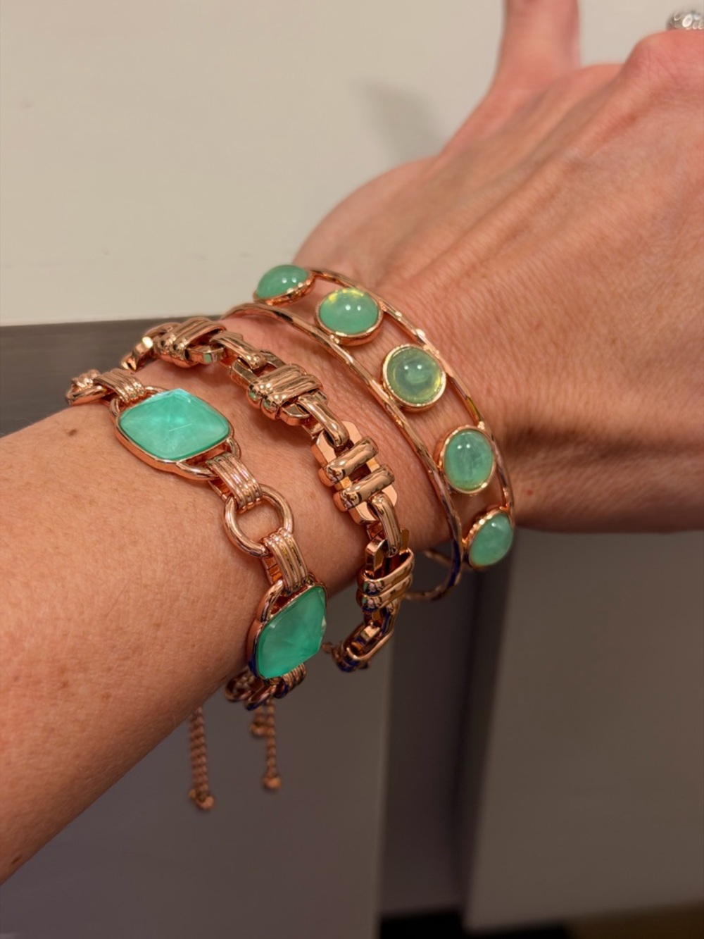 Bomb Party NWOT! Rose Gold-Tone Bracelet Stack with Green Stones